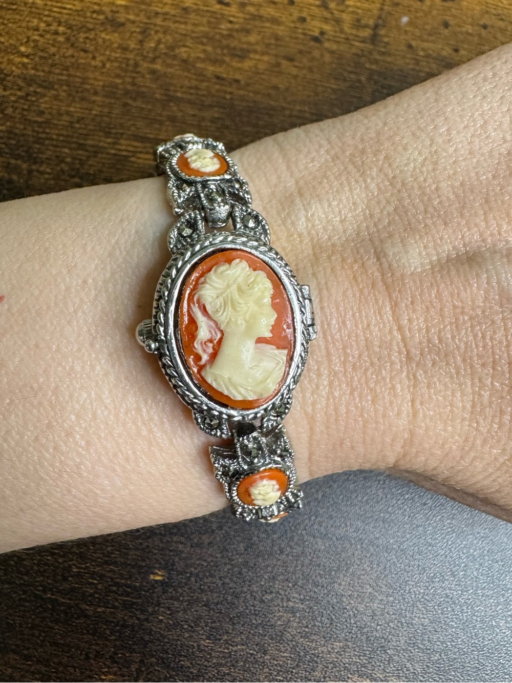 Vintage Cameo Marcasite Bracelet Watch Orange Cream - Celebrity NEEDS BATTERY